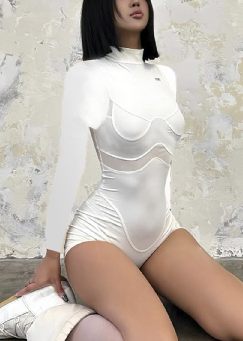 Hot Black Stand Collar Mesh Patchwork Bodysuit