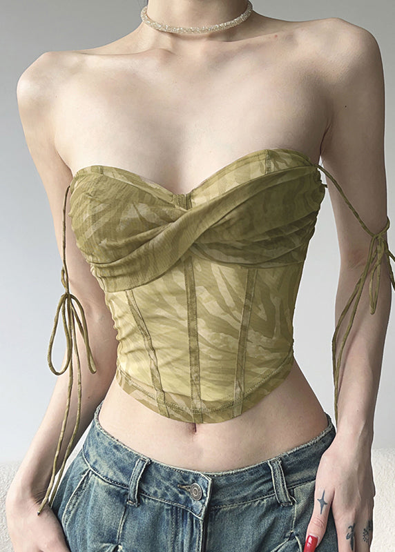 Hot Light Green Tie Waist Tulle Tops Summer