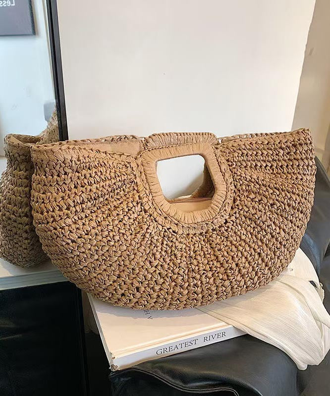 Khaki Vacation Style Straw Woven Tote Handbag