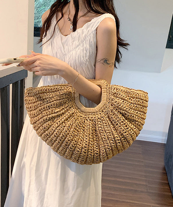 Khaki Vacation Style Straw Woven Tote Handbag