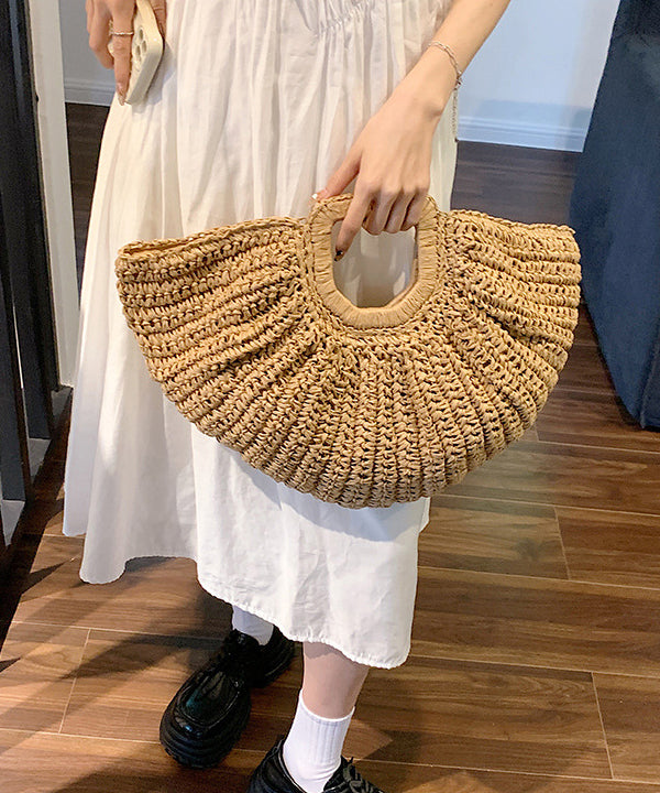 Khaki Vacation Style Straw Woven Tote Handbag