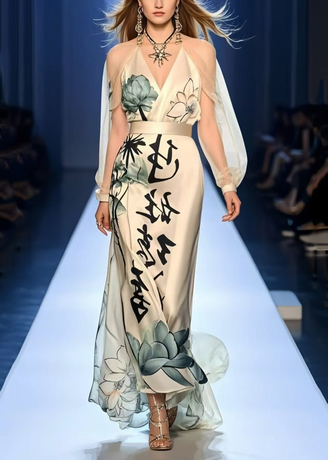 Italian Apricot Cinched Print Silk Party Dresses Summer