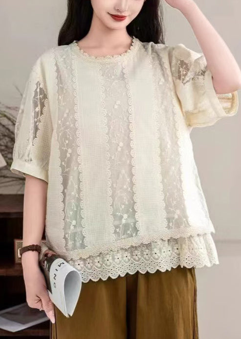Italian Apricot Embroidered Patchwork Lace Shirt Tops Summer
