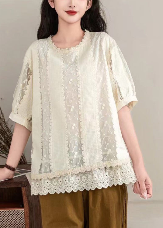 Italian Apricot Embroidered Patchwork Lace Shirt Tops Summer