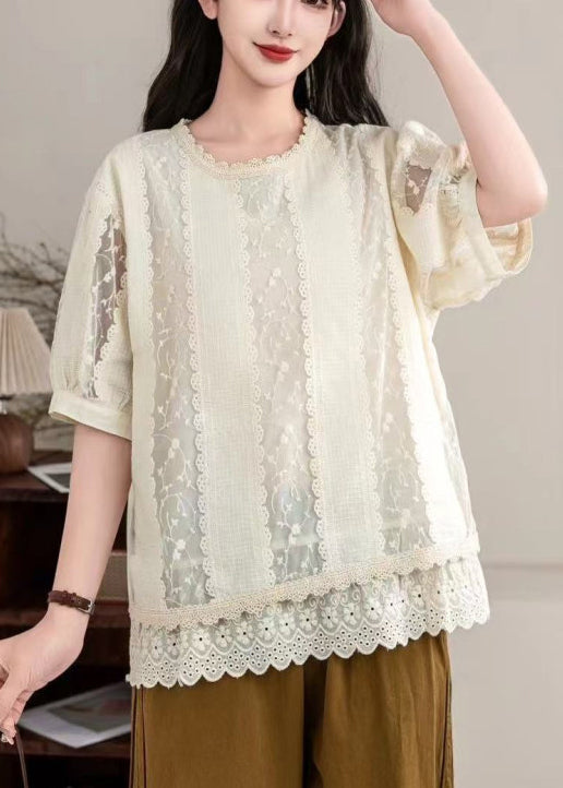 Italian Apricot Embroidered Patchwork Lace Shirt Tops Summer