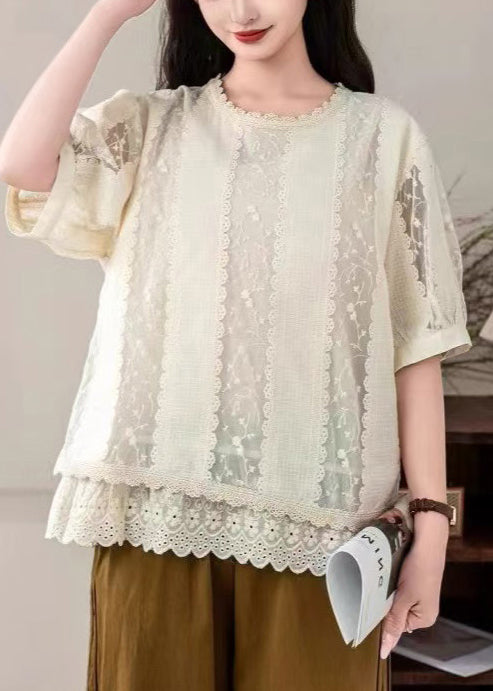 Italian Apricot Embroidered Patchwork Lace Shirt Tops Summer
