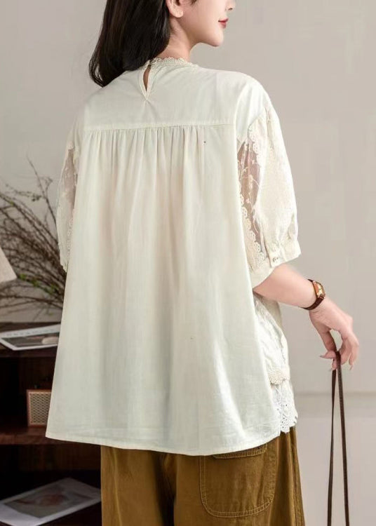 Italian Apricot Embroidered Patchwork Lace Shirt Tops Summer