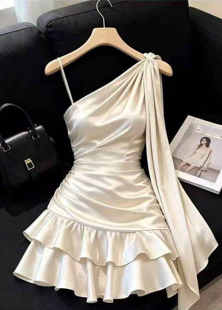 Italian Apricot One Shoulder Backless Cinched Holiday Mini Dresses Sleeveless