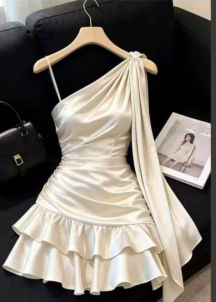 Italian Apricot One Shoulder Backless Cinched Holiday Mini Dresses Sleeveless