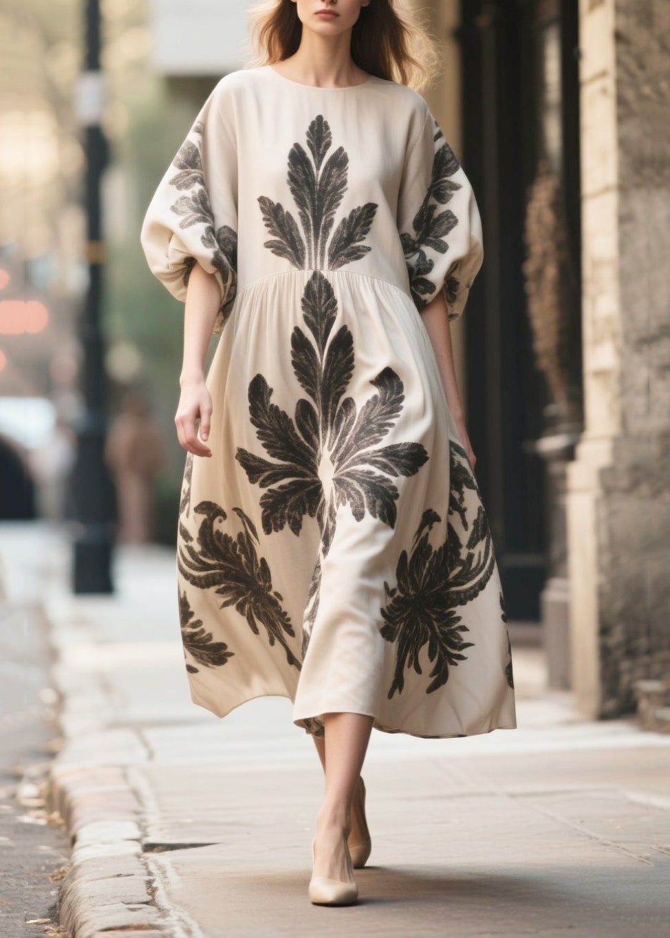 Italian Apricot Puff Sleeve Print Chiffon Long Dress
