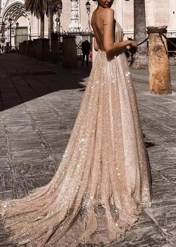 Italian Apricot V Neck Backless Sequins Spaghetti Strap Dress Summer