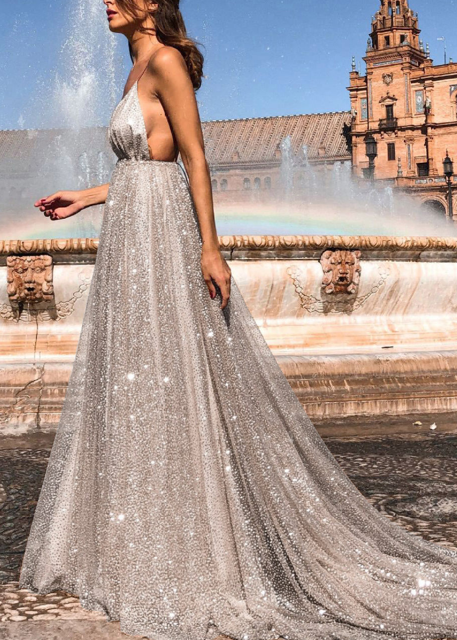 Italian Apricot V Neck Backless Sequins Spaghetti Strap Dress Summer