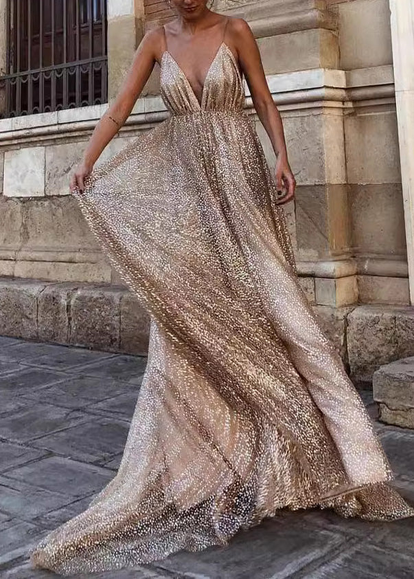 Italian Apricot V Neck Backless Sequins Spaghetti Strap Dress Summer