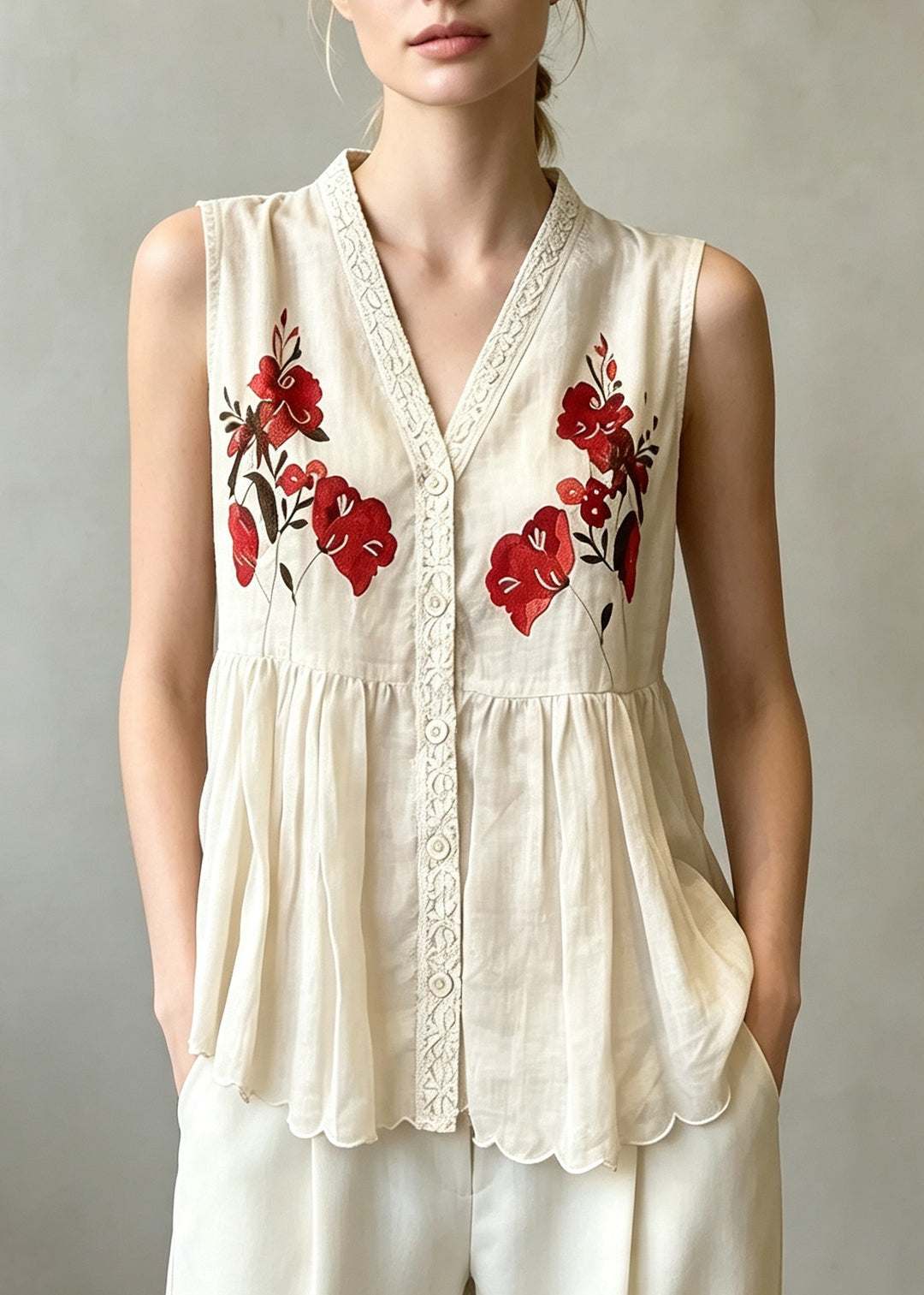 Italian Apricot V Neck Print Cotton Vests Sleeveless