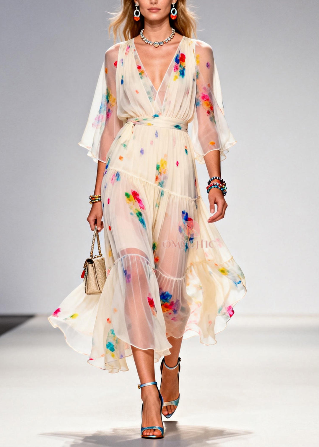 Italian Apricot V Neck Tie Dye Chiffon Party Dresses Summer