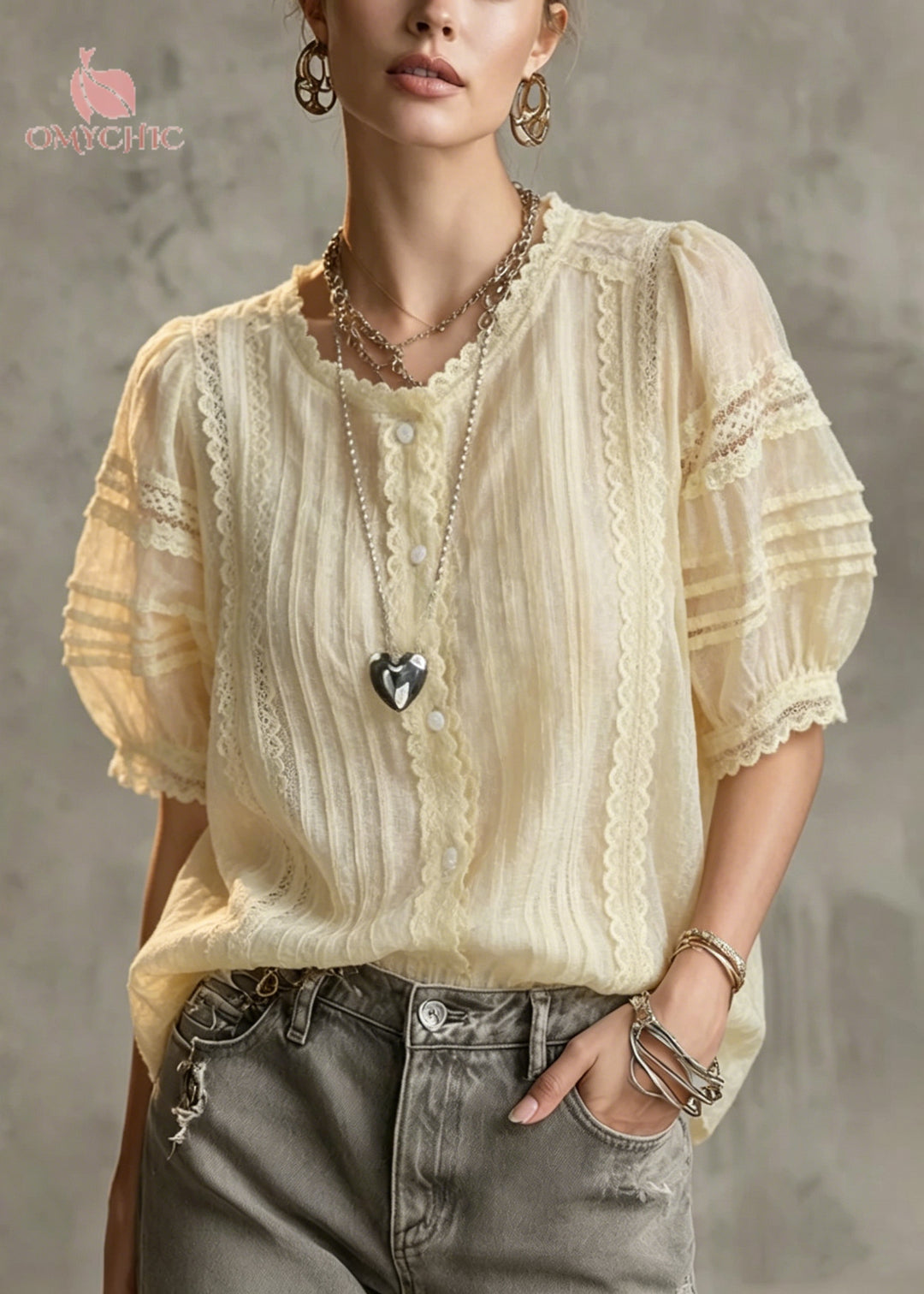 Italian Apricot Wrinkled Lace Patchwork Cotton Shirt Summer