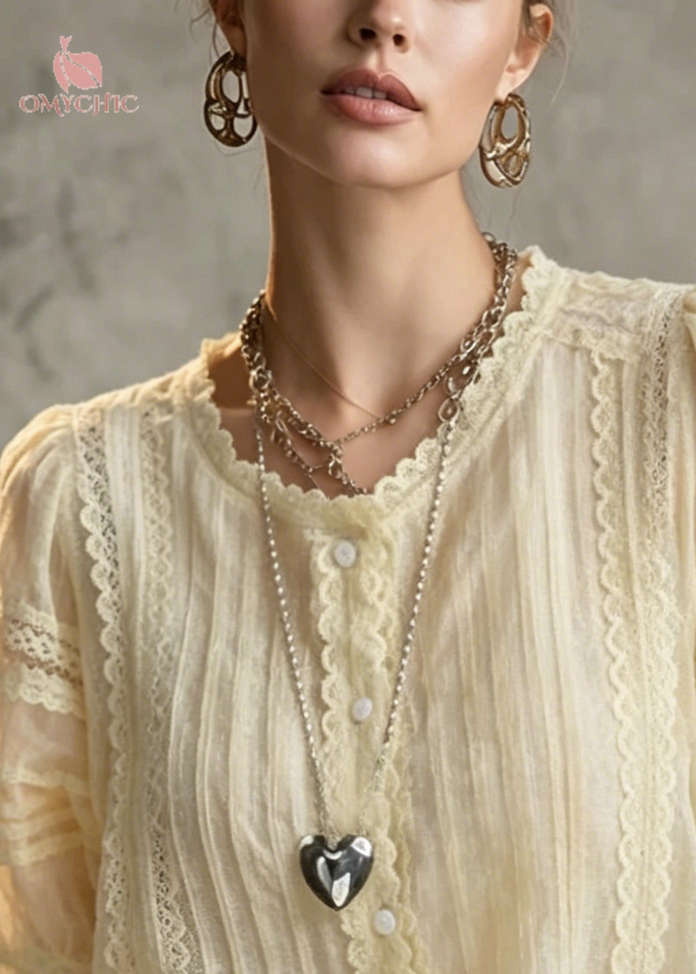 Italian Apricot Wrinkled Lace Patchwork Cotton Shirt Summer