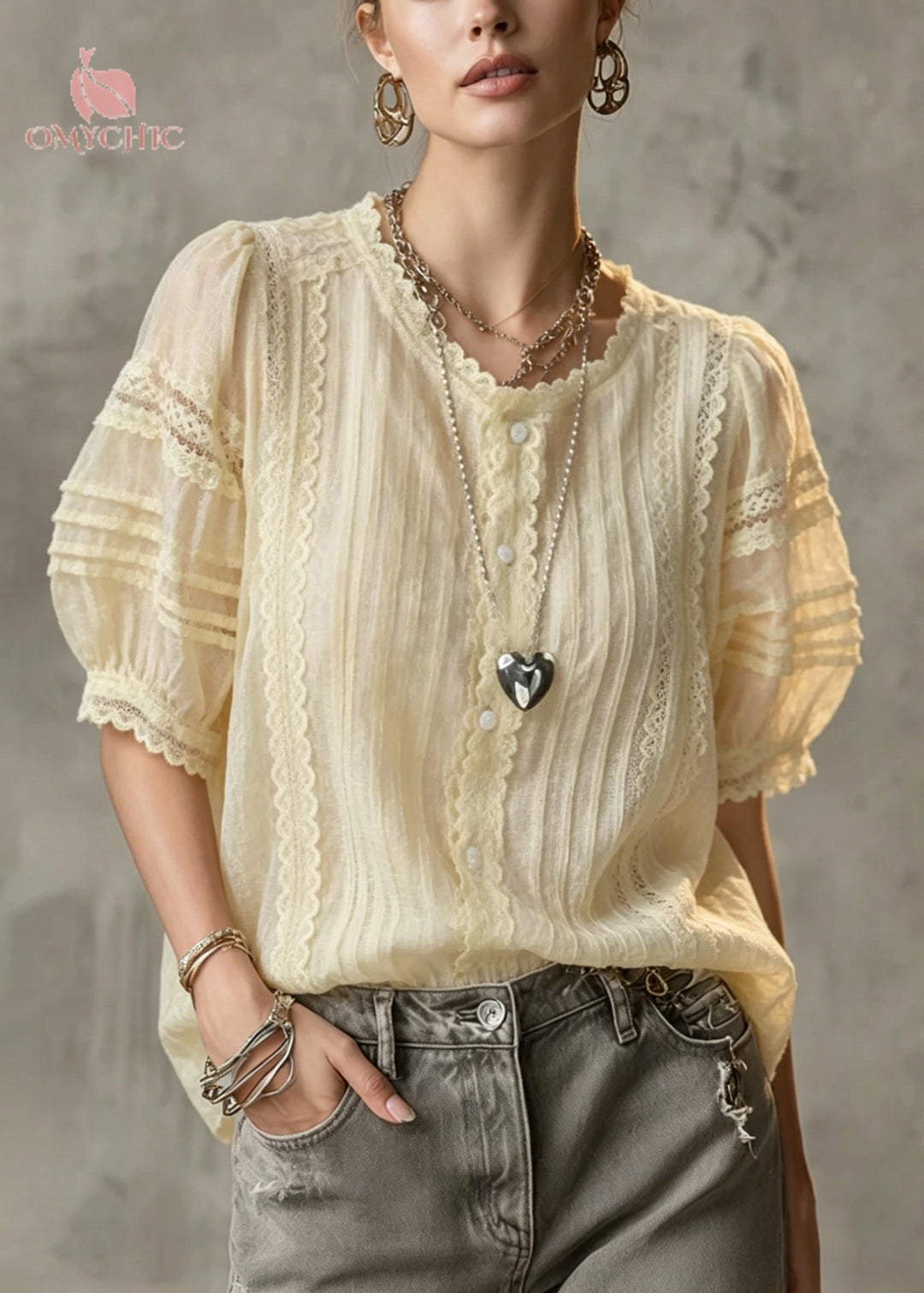 Italian Apricot Wrinkled Lace Patchwork Cotton Shirt Summer