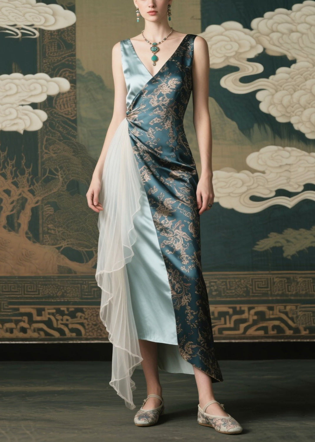 Italian Asymmetrical Patchwork Tulle Cami Dress Summer
