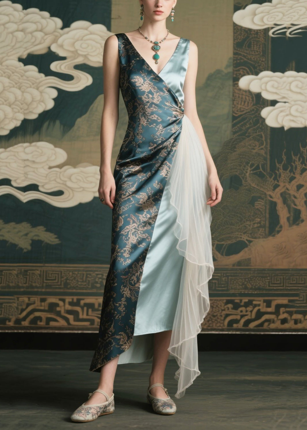 Italian Asymmetrical Patchwork Tulle Cami Dress Summer