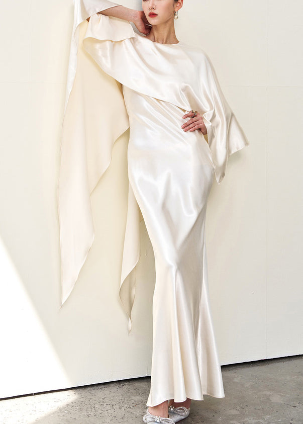 Italian Beige Asymmetrical Solid Silk Long Dress Summer
