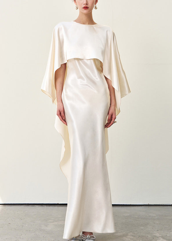 Italian Beige Asymmetrical Solid Silk Long Dress Summer