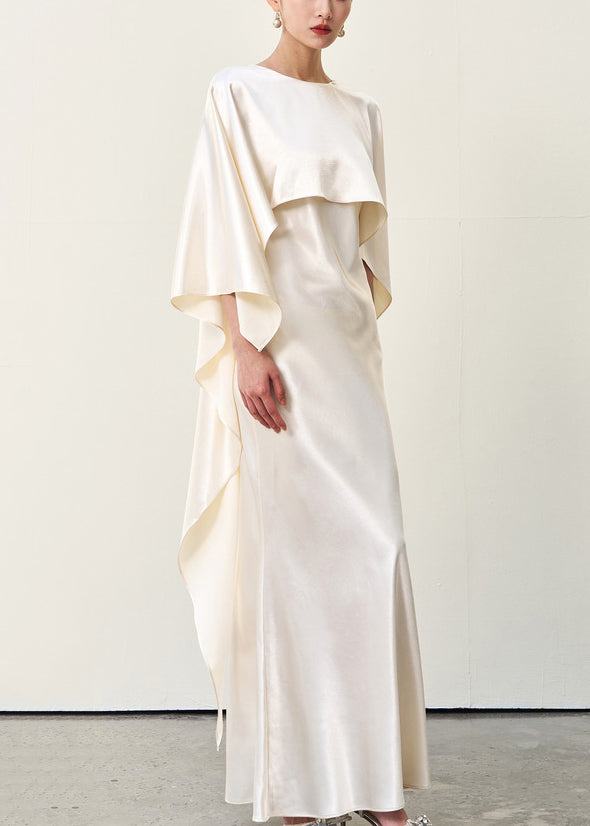 Italian Beige Asymmetrical Solid Silk Long Dress Summer