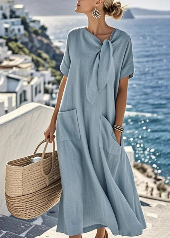 Italian Beige Bow Pockets Solid Long Dresses Summer