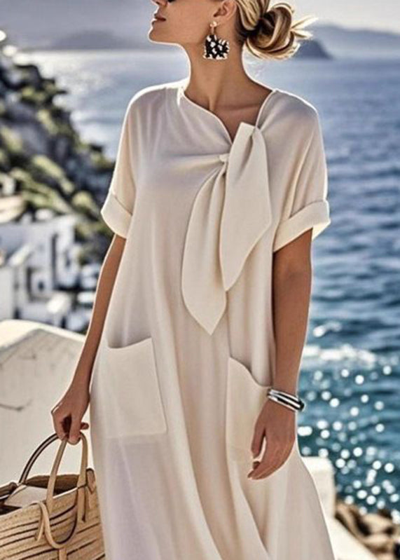 Italian Beige Bow Pockets Solid Long Dresses Summer