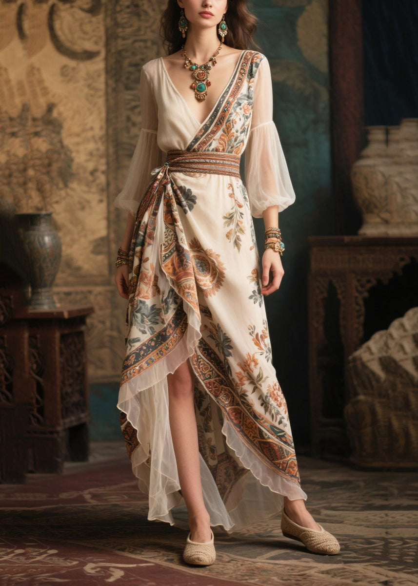 Italian Beige Cinched Patchwork Chiffon Ankle Dress Lantern Sleeve ...