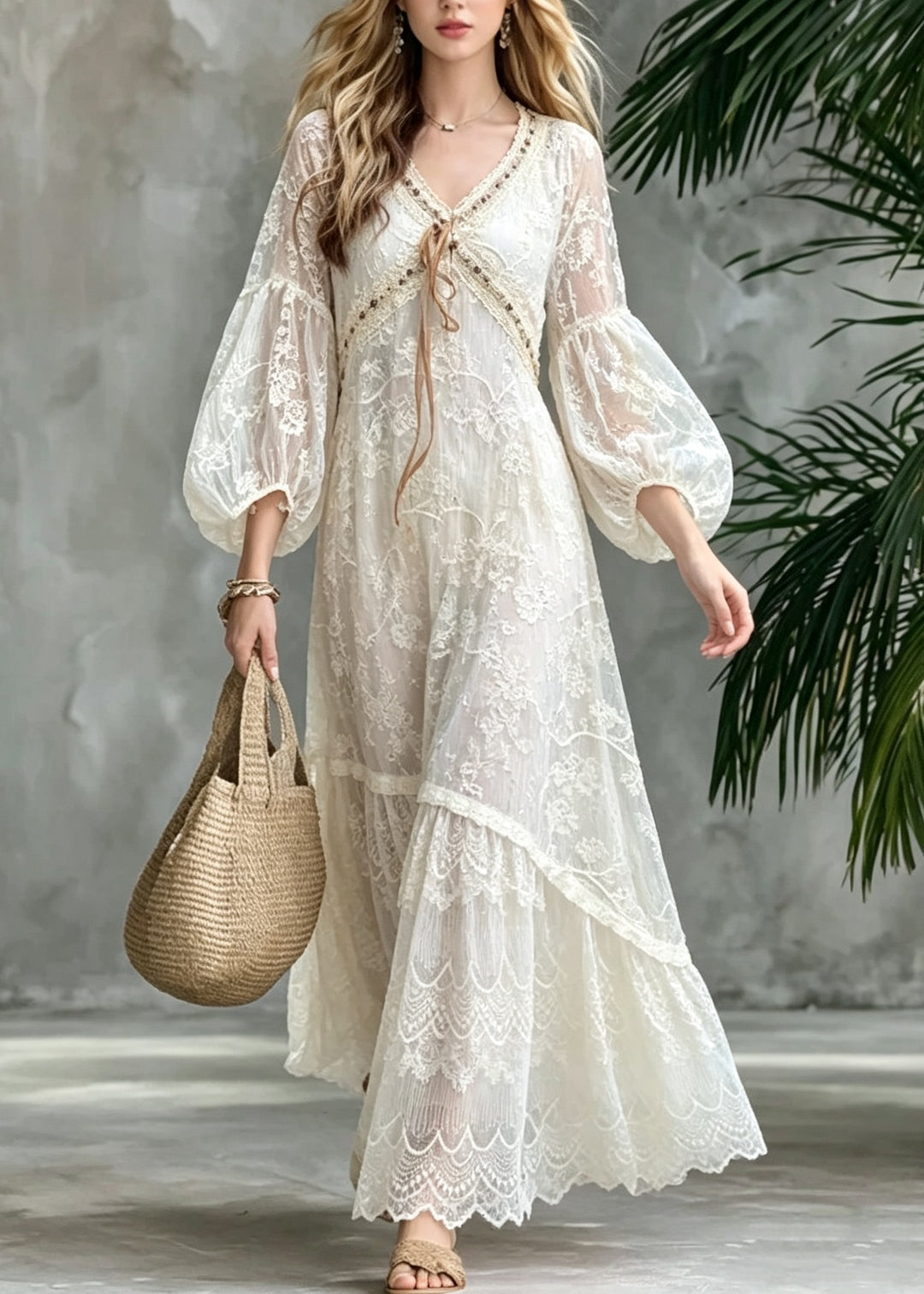 Italian Beige Embroidered Lantern Sleeve Patchwork Lace Vacation Dresses