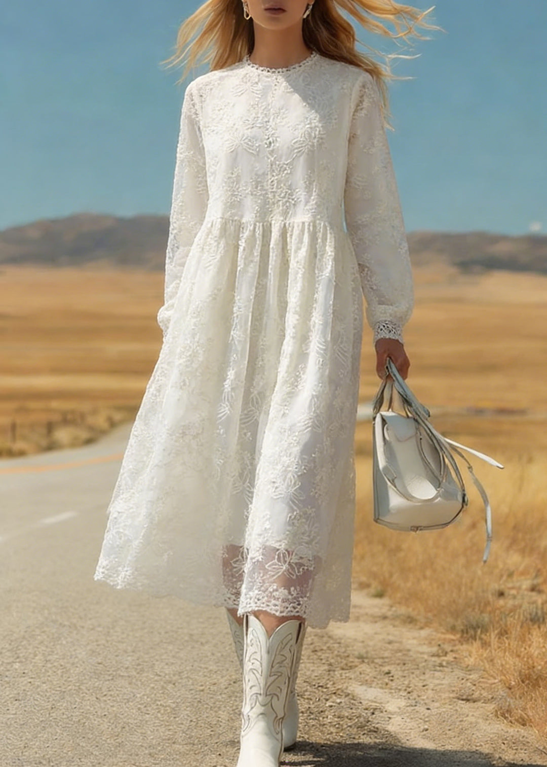 Italian Beige Embroidered Tulle Warm Fleece Long Dresses Spring