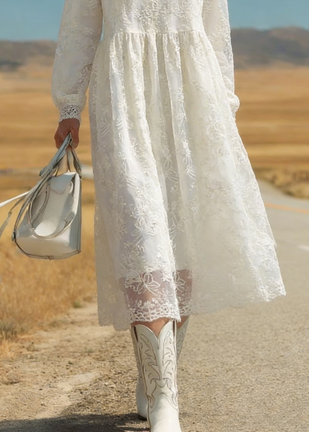 Italian Beige Embroidered Tulle Warm Fleece Long Dresses Spring