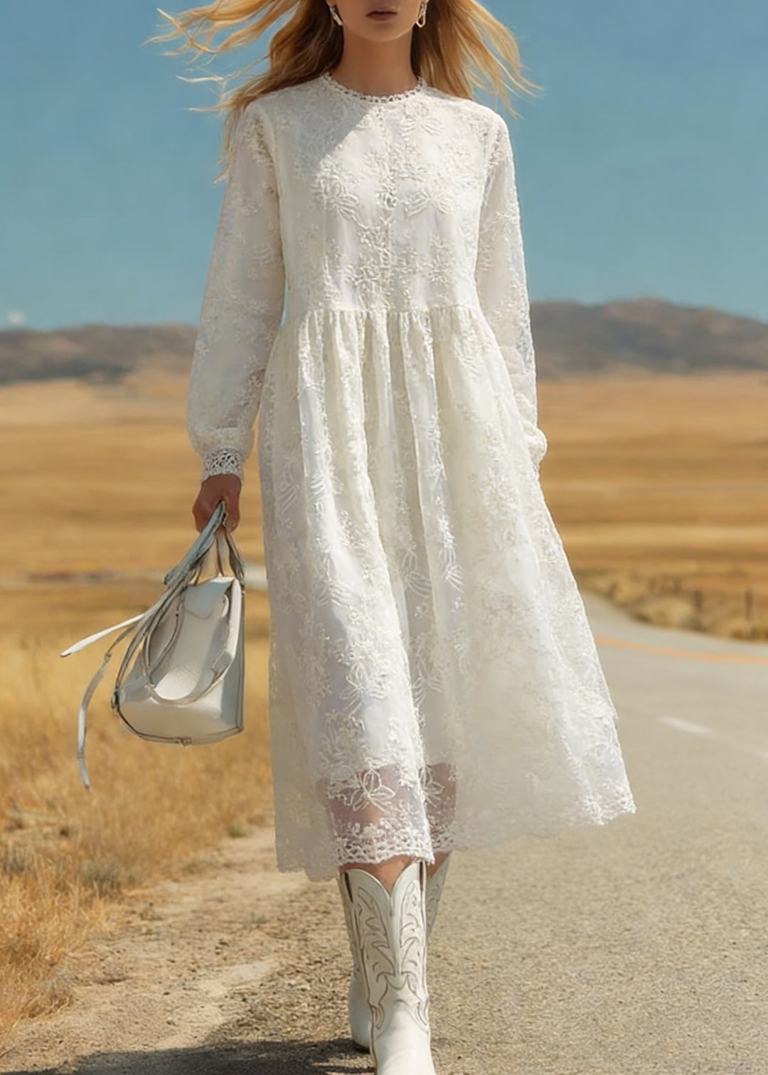 Italian Beige Embroidered Tulle Warm Fleece Long Dresses Spring