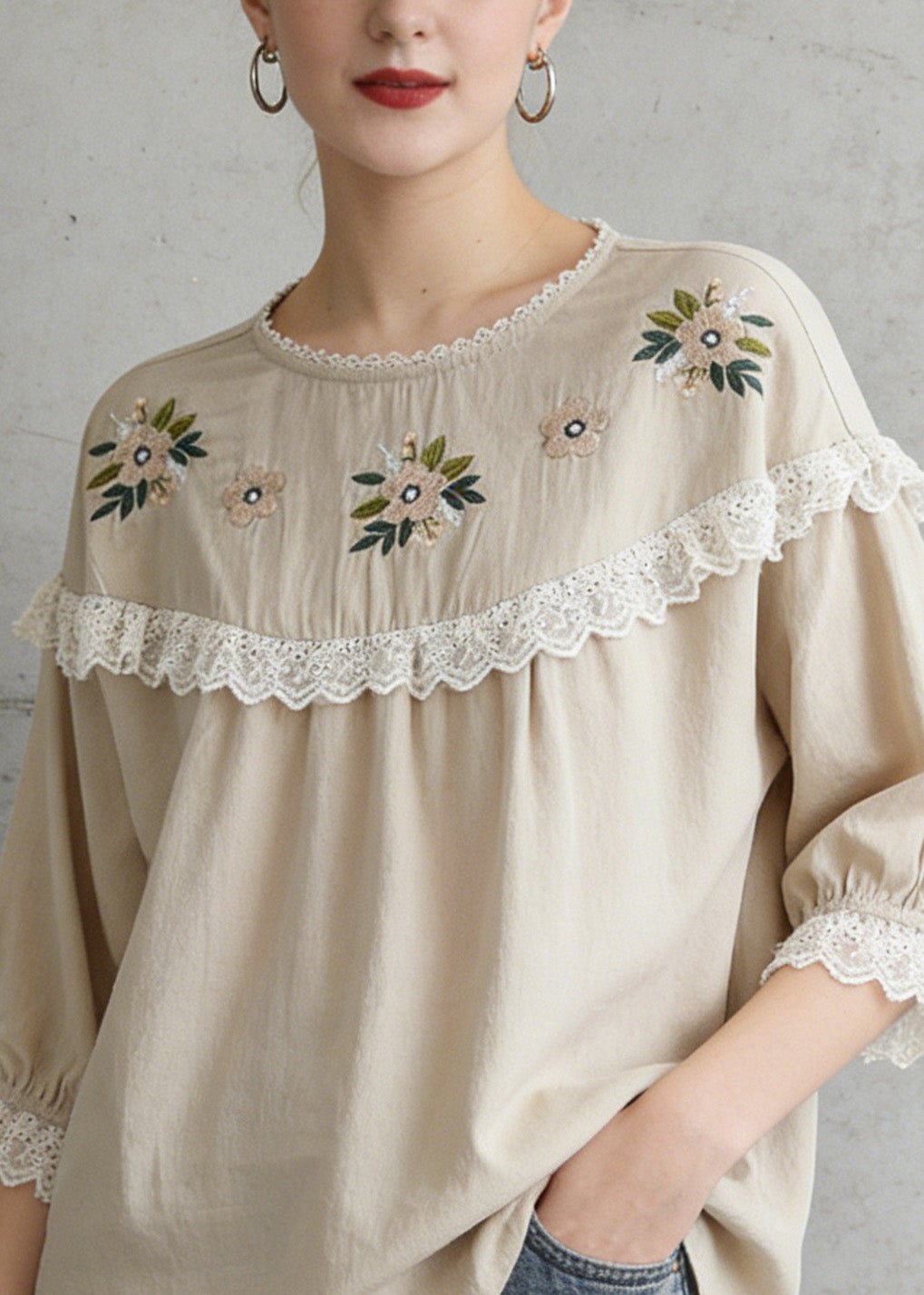 Italian Beige Embroideried Lace Patchwork Cotton T Shirt Tops Summer