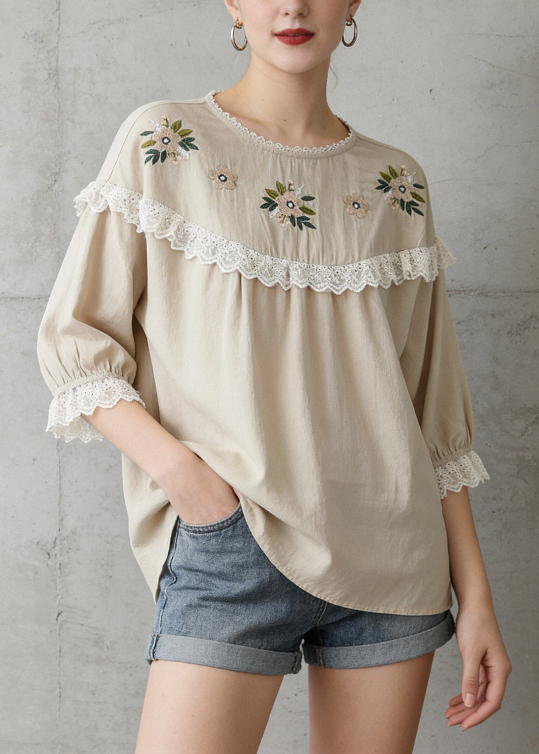 Italian Beige Embroideried Lace Patchwork Cotton T Shirt Tops Summer