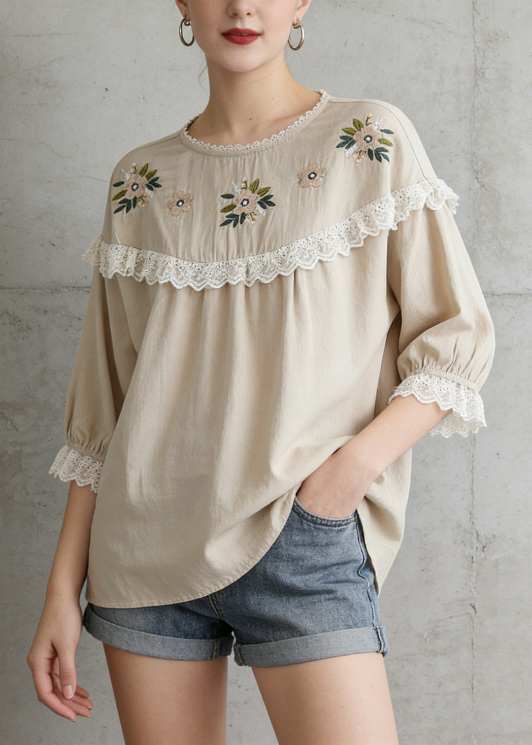 Italian Beige Embroideried Lace Patchwork Cotton T Shirt Tops Summer