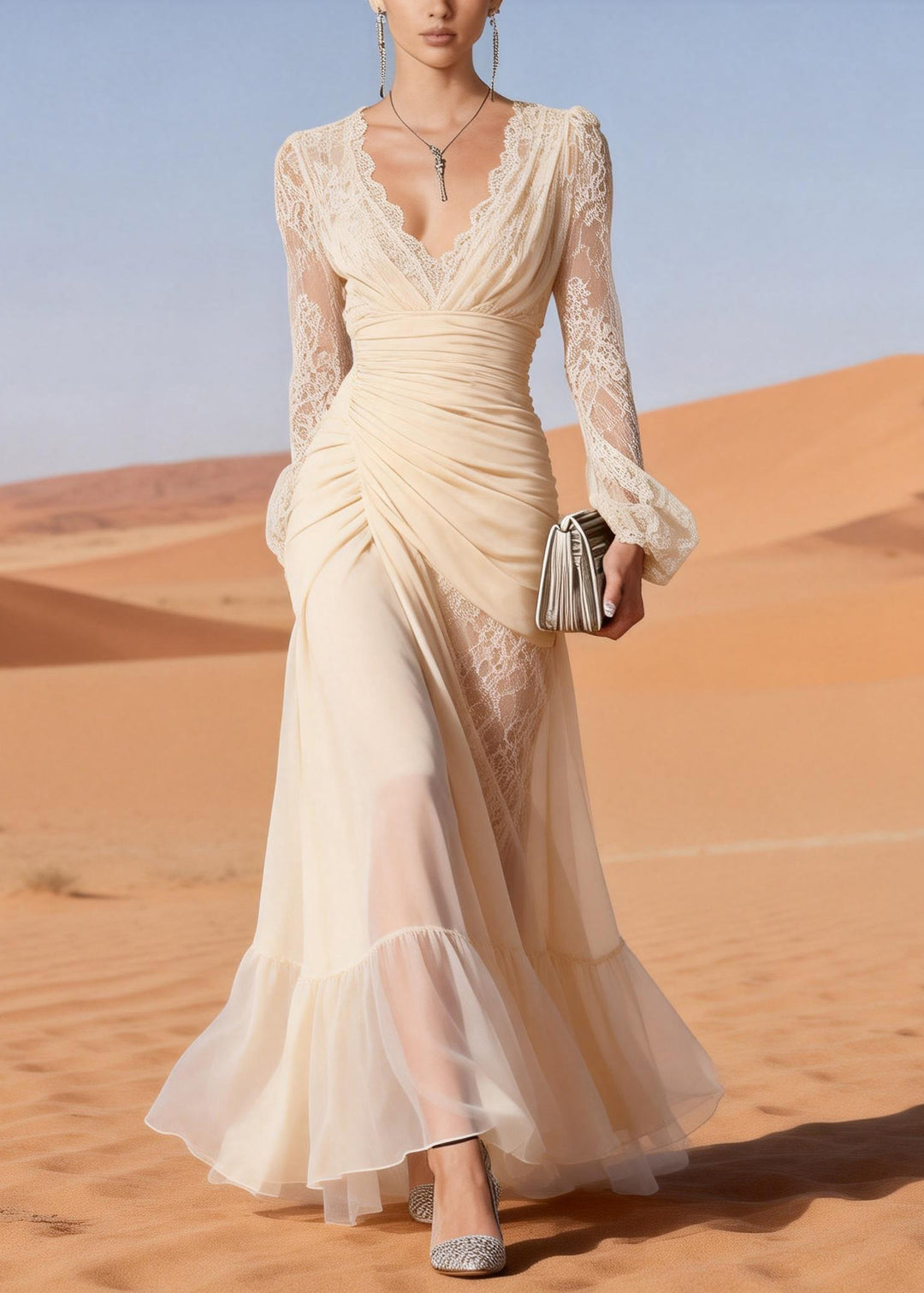 Italian Beige Lace Wrinkled Patchwork Chiffon Party Dress Spring