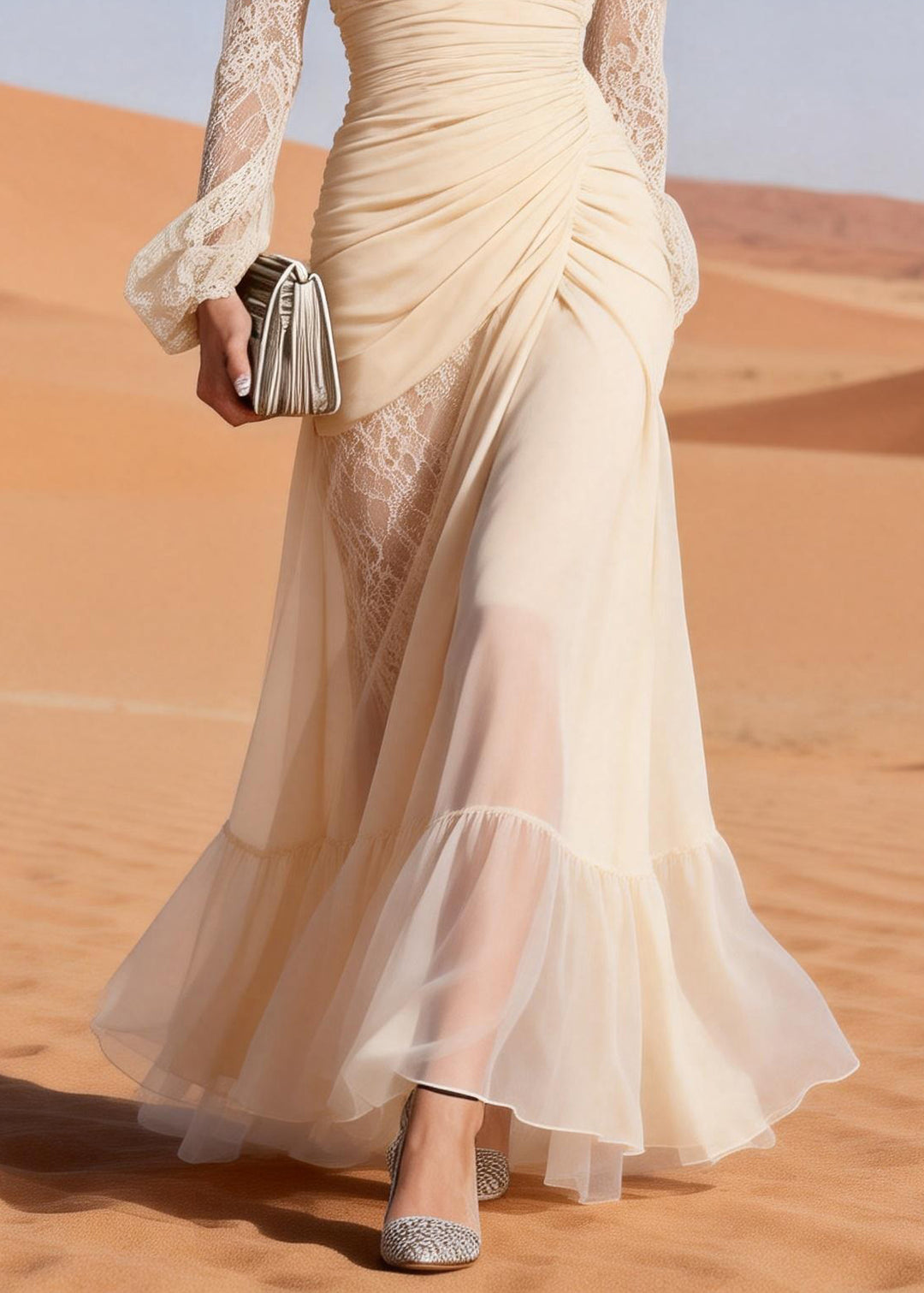 Italian Beige Lace Wrinkled Patchwork Chiffon Party Dress Spring