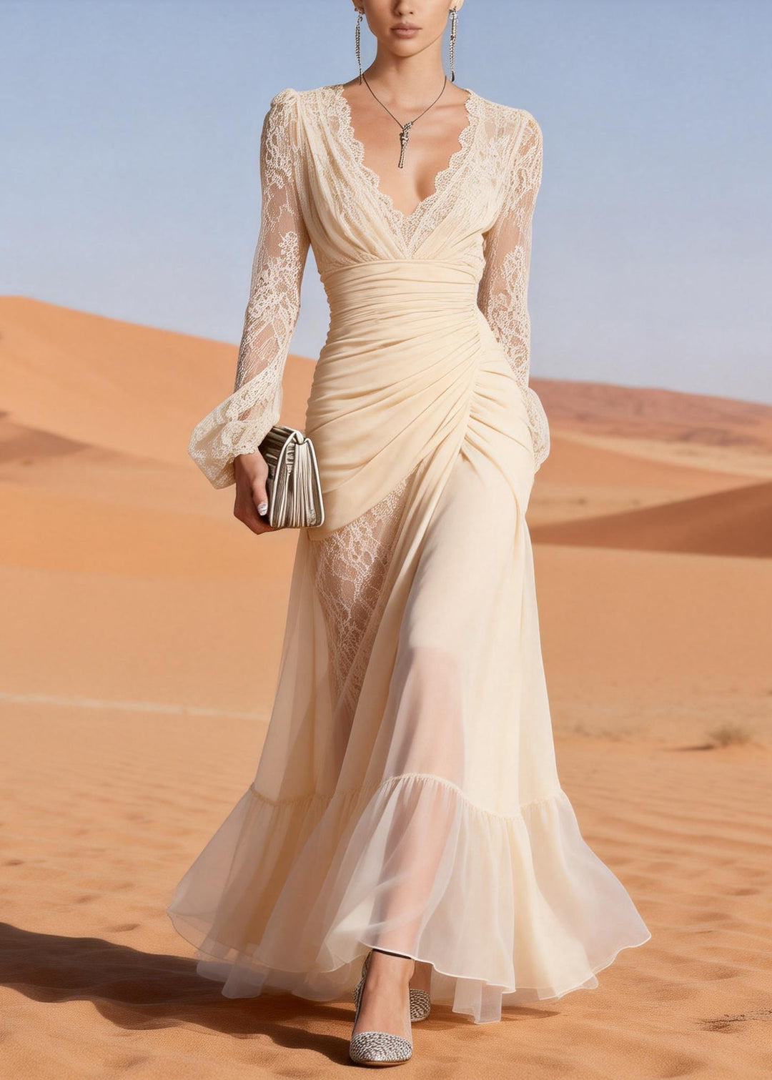 Italian Beige Lace Wrinkled Patchwork Chiffon Party Dress Spring