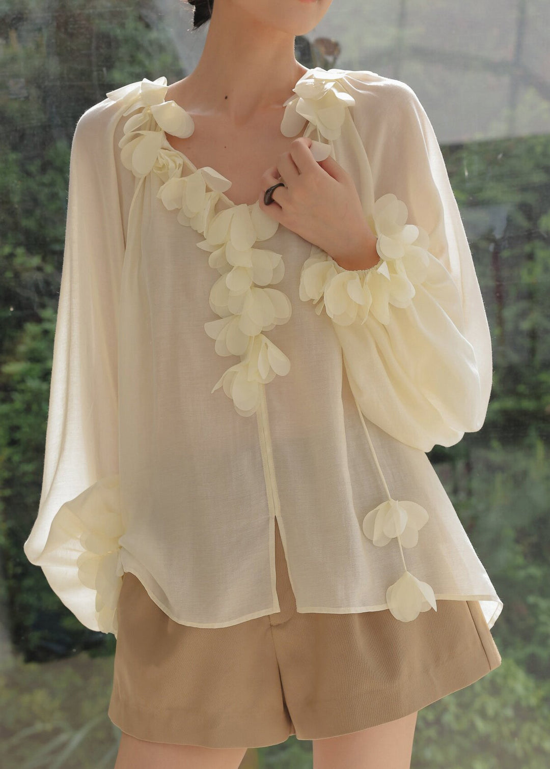 Italian Beige Oversized Petal Decoration Chiffon UPF 50+ Shirt Tops Summer