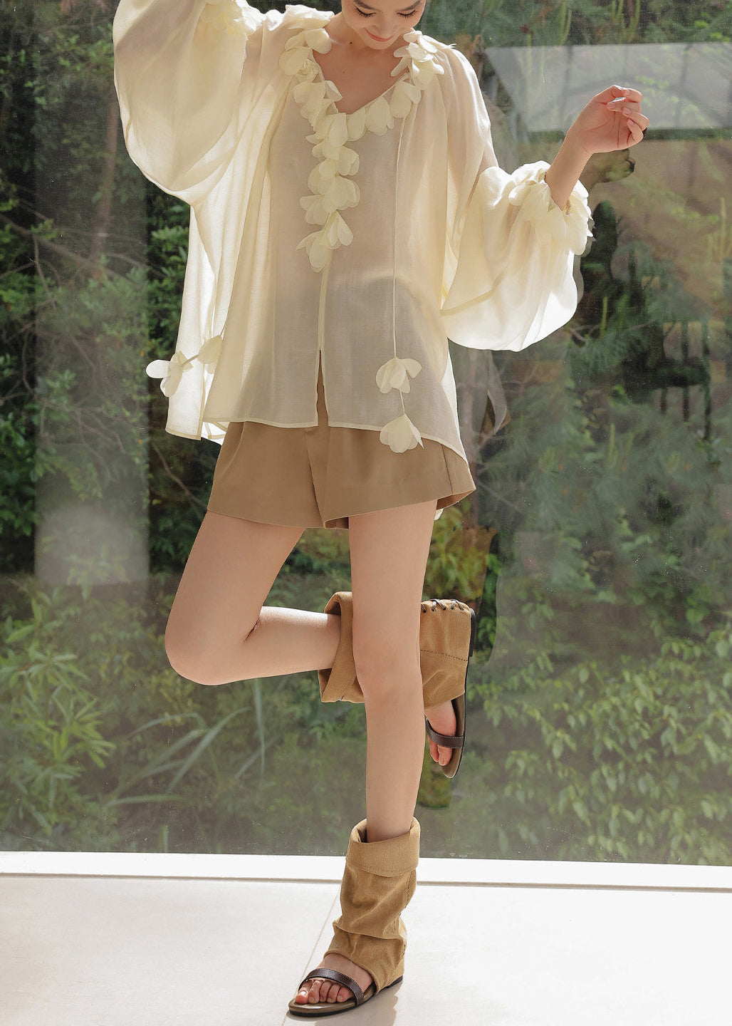 Italian Beige Oversized Petal Decoration Chiffon UPF 50+ Shirt Tops Summer