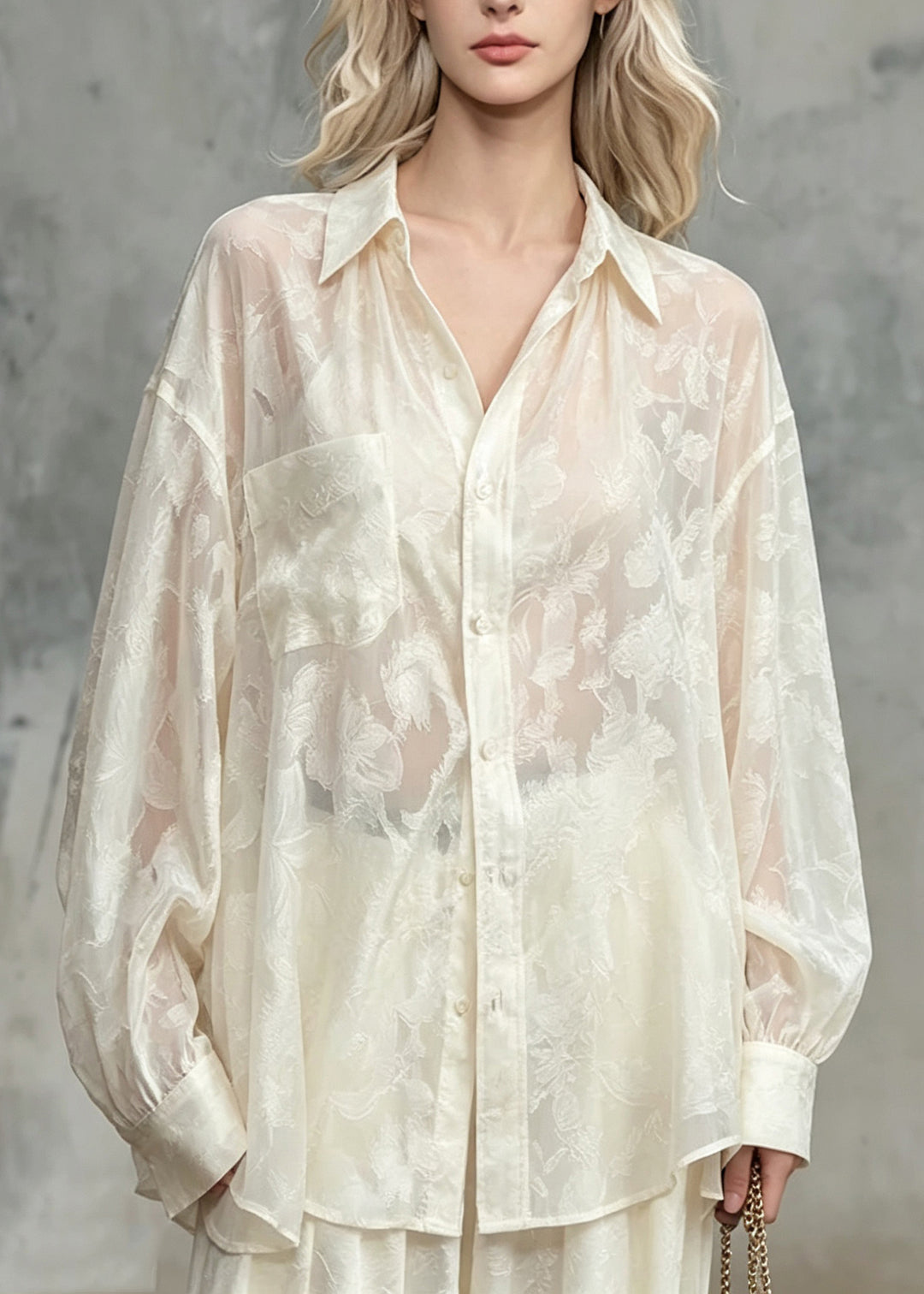 Italian Beige Peter Pan Collar Jacquard Silk Shirt Tops Fall