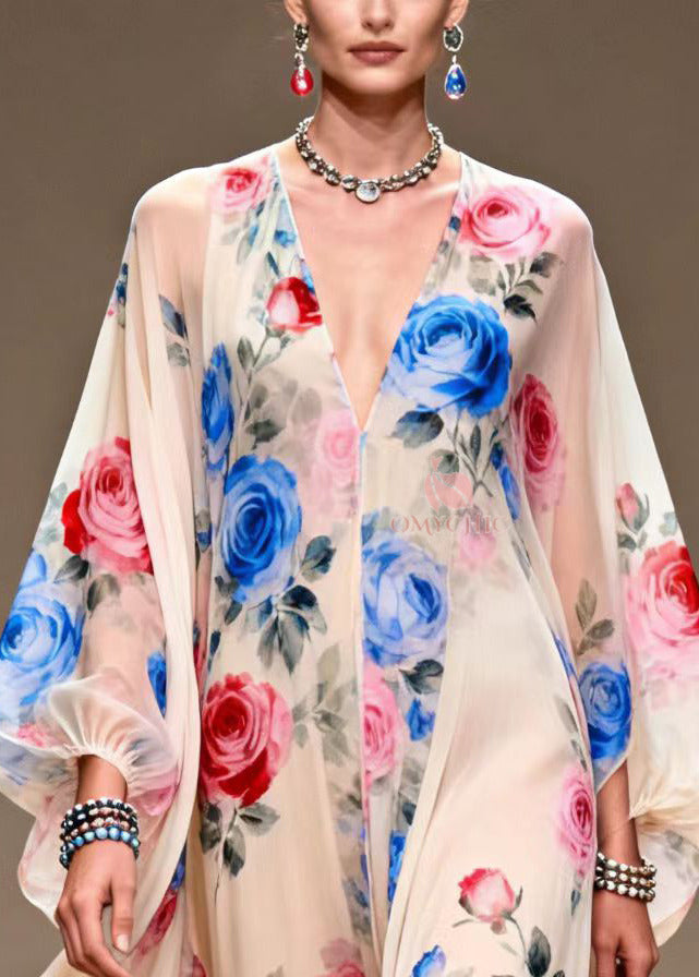 Italian Beige Print Exra Large Hem Chiffon Maxi Dresses Summer