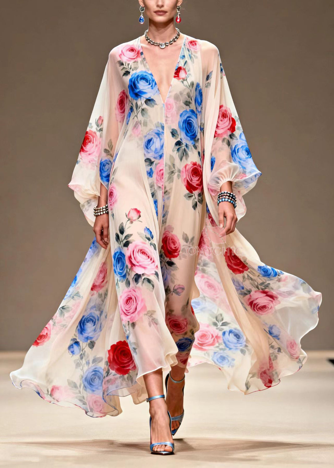 Italian Beige Print Exra Large Hem Chiffon Maxi Dresses Summer