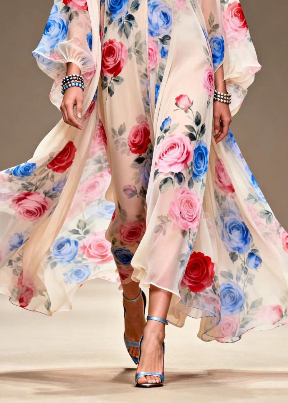 Italian Beige Print Exra Large Hem Chiffon Maxi Dresses Summer