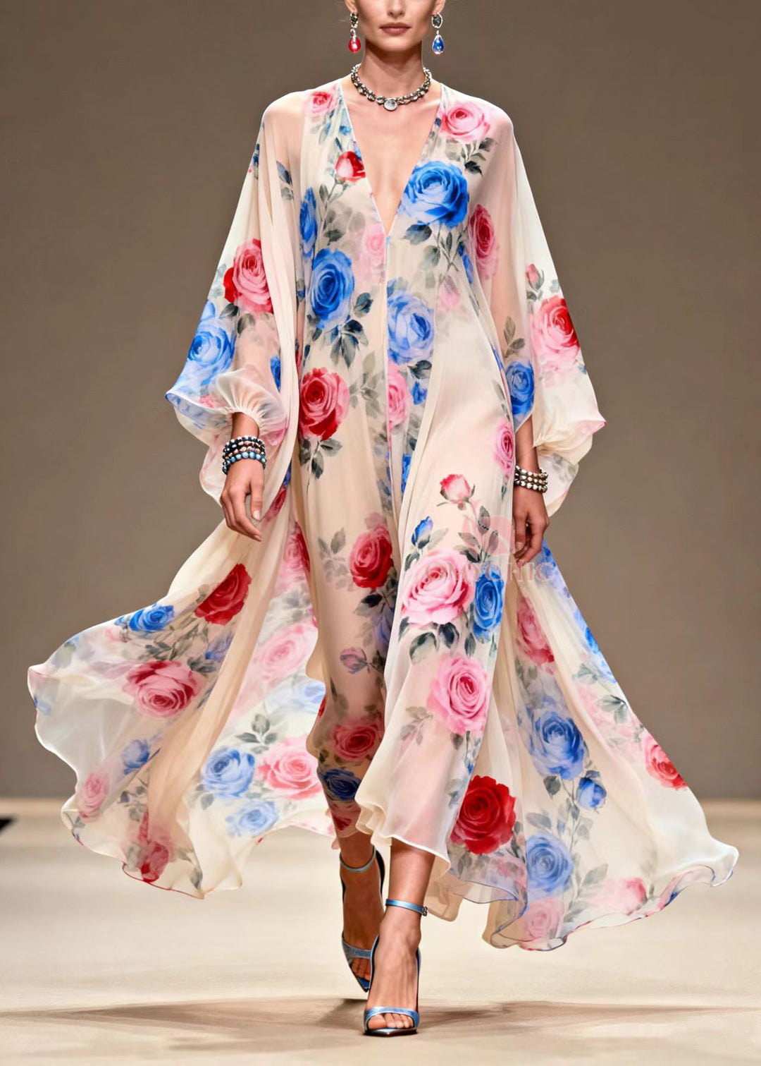 Italian Beige Print Exra Large Hem Chiffon Maxi Dresses Summer