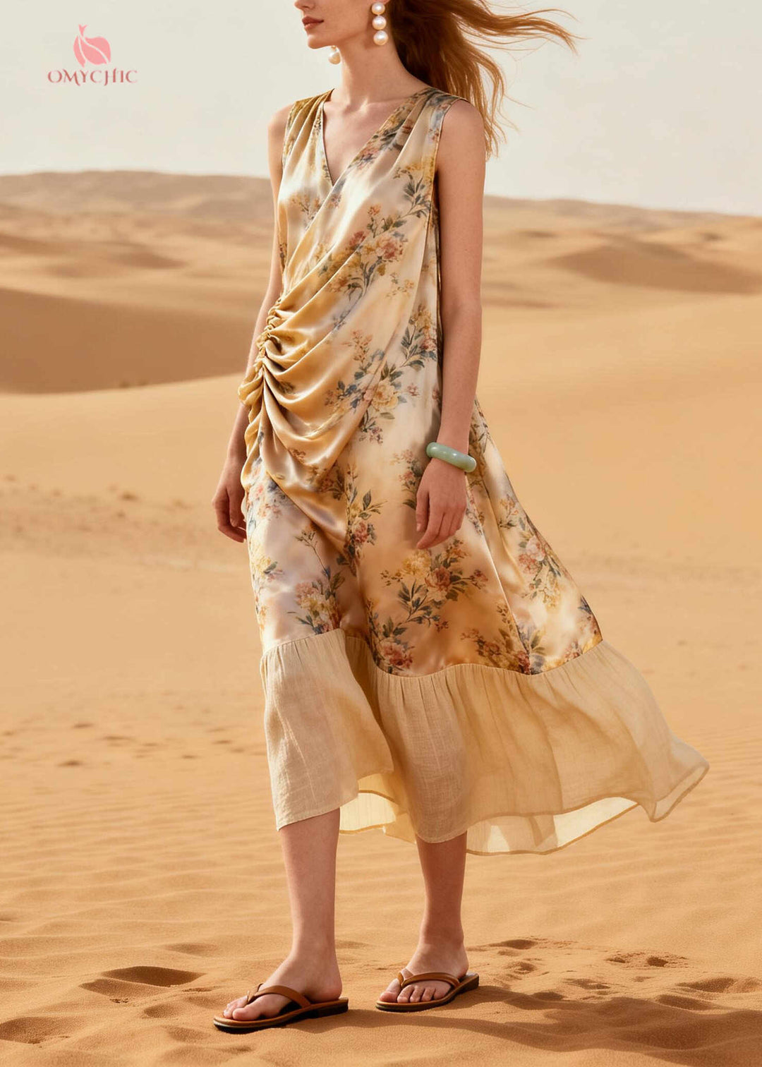 Italian Beige Print Patchwork Wrinkled Silk Maxi Dress Summer