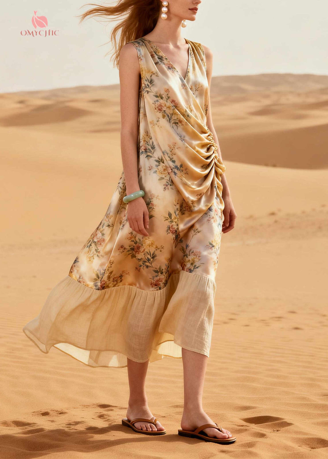 Italian Beige Print Patchwork Wrinkled Silk Maxi Dress Summer
