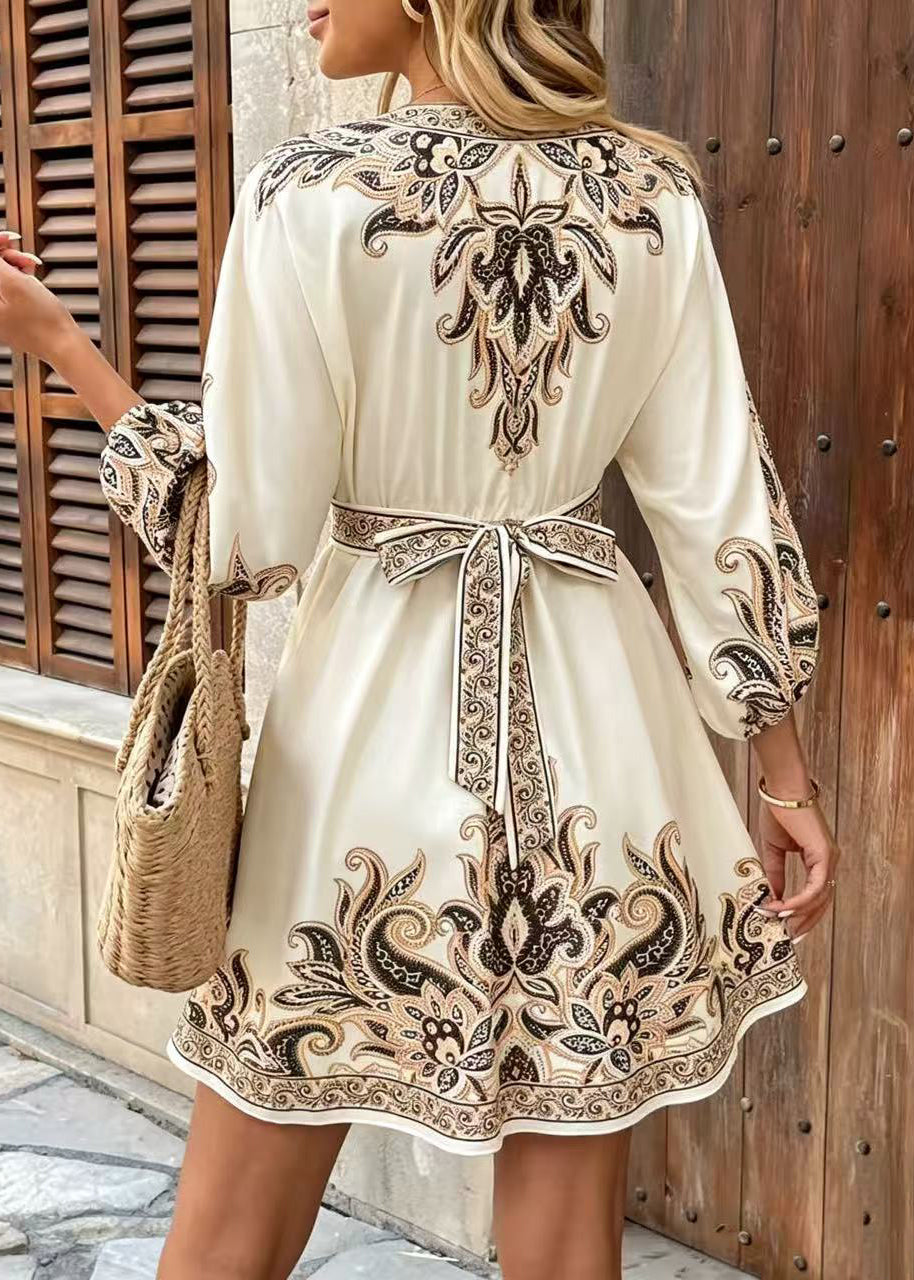 Italian Beige Tie Waist Print Silk Dress Summer